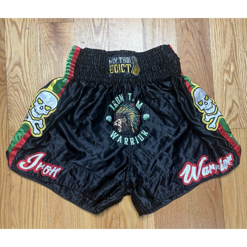 Muay Thai Addict Iron Warrior Black Green White Satin Kickboxing Shorts MMA
